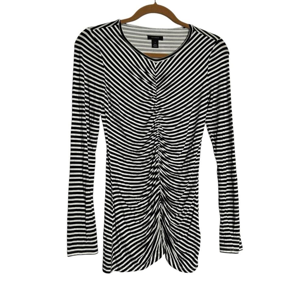 Halogen Black &‎ White Striped Ruched Center Long Sleeve Scoop Neck Shirt Small